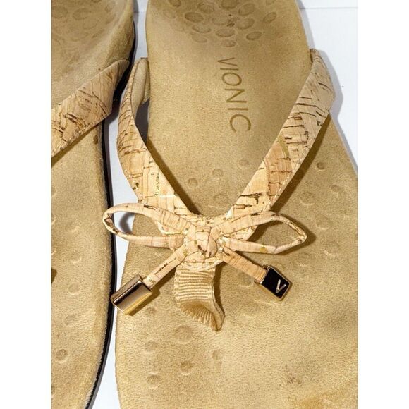 Vionic Bella Sandal Beige Neutral Flip Flop Bow Gold Cork Toe Post Comfort Sz 6 - Picture 7 of 16